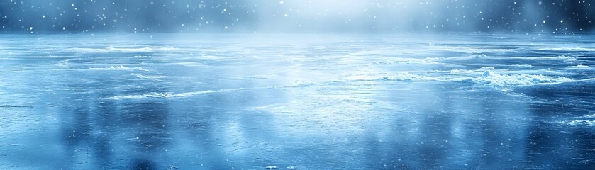 Obraz premium Frozen Lake Surface with Snow Falling and Bright Lights in the Distance