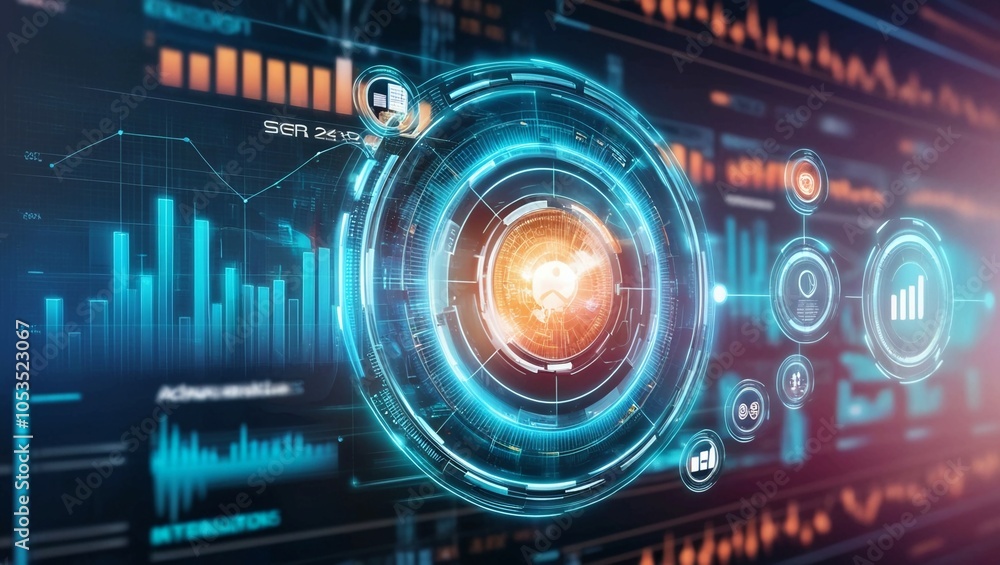 Poster magnifying glass focusing on a microchip, representing cybersecurity and data analysis in the digita
