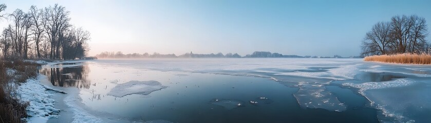 Obraz premium A Frozen Lake with Ice and Snow on a Cloudy Day