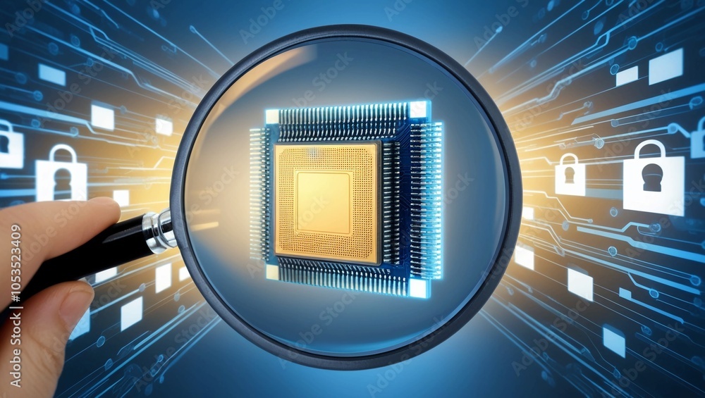 Poster A  Magnifying Glass Focusing on a Microchip, Representing Cybersecurity and Data Analysis in the Digital World