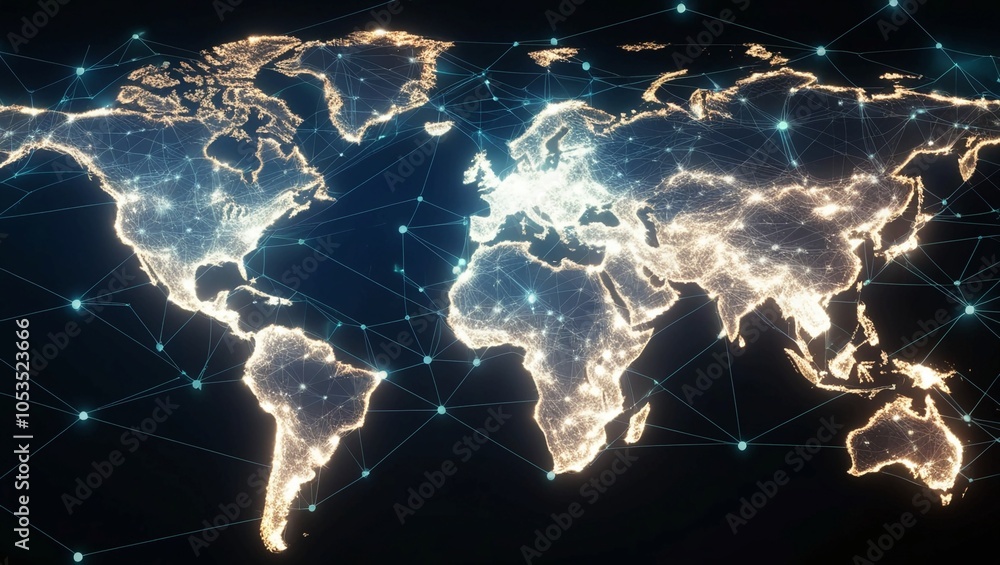 Poster A  Digital Mesh of Glowing Nodes and Lines, Representing Global Connectivity and Data Networks