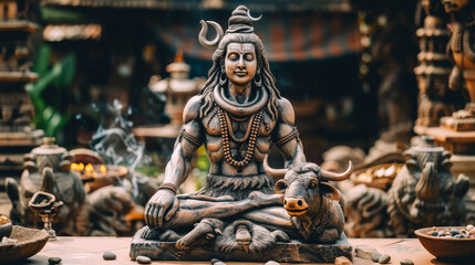 Fototapeta premium Mystical Shiva Statue in Tranquil Meditation with Sacred Cow and Incense