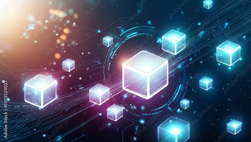 Poster an abstract digital background with floating data particles and glowing cubes, symbolizing high-tech