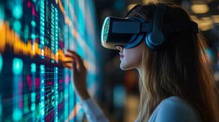 A business analyst using virtual reality to explore stock market trends and data