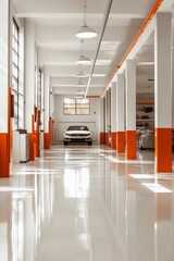 Ampio spazio di garage industriale, caratterizzato da pavimento lucido e riflessi, con un design minimale e pulito che valorizza ordine e modernità.
