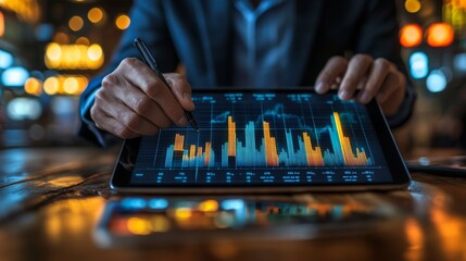 A business analyst using virtual reality to explore stock market trends and data