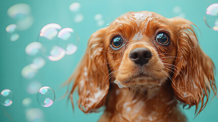 Obraz premium Creative animal template. Cute wet cocker spaniel with soap bubbles 