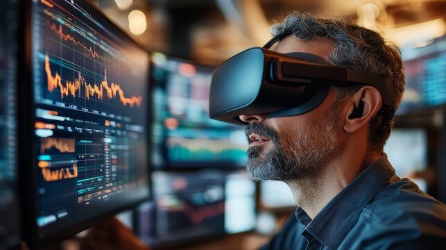 A business analyst using virtual reality to explore stock market trends and data