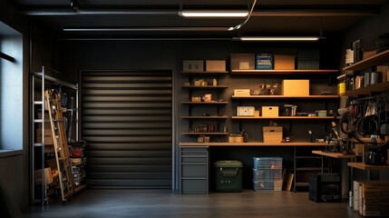 Garage chiuso in una casa familiare, perfetto per proteggere veicoli e attrezzi. Sicuro e funzionale, con design moderno. Ripostiglio.