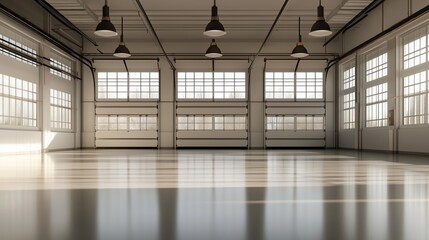 Ampio spazio di garage industriale, caratterizzato da pavimento lucido e riflessi, con un design minimale e pulito che valorizza ordine e modernità.