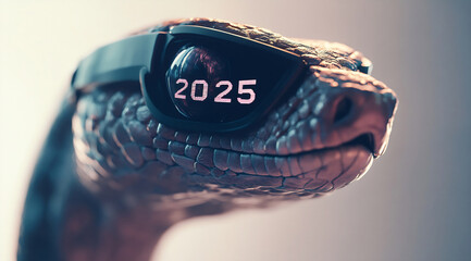 A futuristic snake wearing high-tech goggles displaying the year 2025 in a surreal, conceptual setting