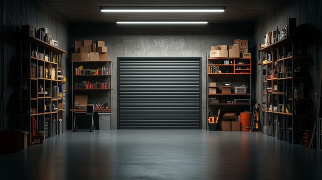 Garage chiuso in una casa familiare, perfetto per proteggere veicoli e attrezzi. Sicuro e funzionale, con design moderno. Ripostiglio.