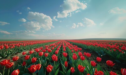 Fototapeta premium Tulip fields stretching under a blue sky, 4K hyperrealistic photo