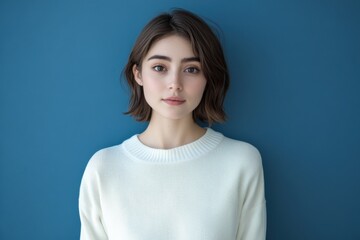 Obraz premium Youthful Portrait of a Woman Against a Blue Background