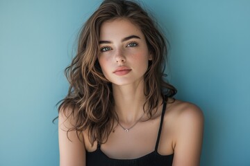 Captivating Portrait of a Young Woman Against a Soft Blue Background