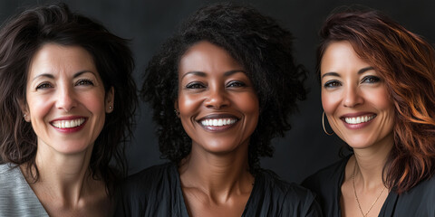 Fototapeta premium Three middle aged multiracial happy women posing together for group photo.