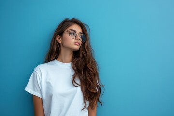 Fototapeta premium Thoughtful Young Woman with Long Hair Against a Blue Background