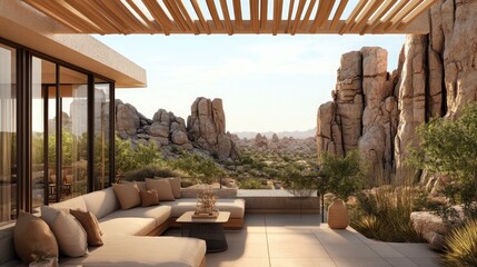 Obraz premium A terrace in a desert modern home that features a pergola
