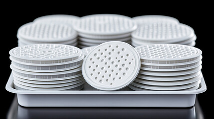 A Collection of Round, White Plates With Distinctive Textures Arranged Neatly on a Tray Against a Dark Background