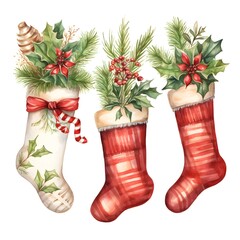 Watercolor Painting of Christmas socks collection on white background HD, Hand painted, Christmas Greeting card, Decoration, Festival, Joy, Presents Banner Fir Branch Mistletoe 