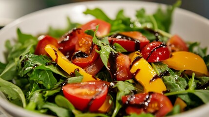 Close-Up of Fresh Salad with Tomatoes, Peppers, and Balsamic Dressing