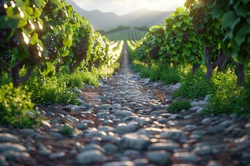 A serene vineyard tour with visitors tasting wine and strolling through grapevines