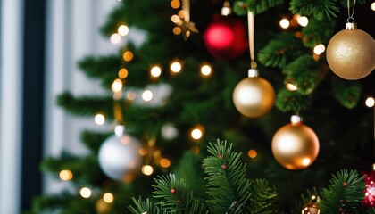 Obraz premium Close up christmas tree decorated with christmas balls