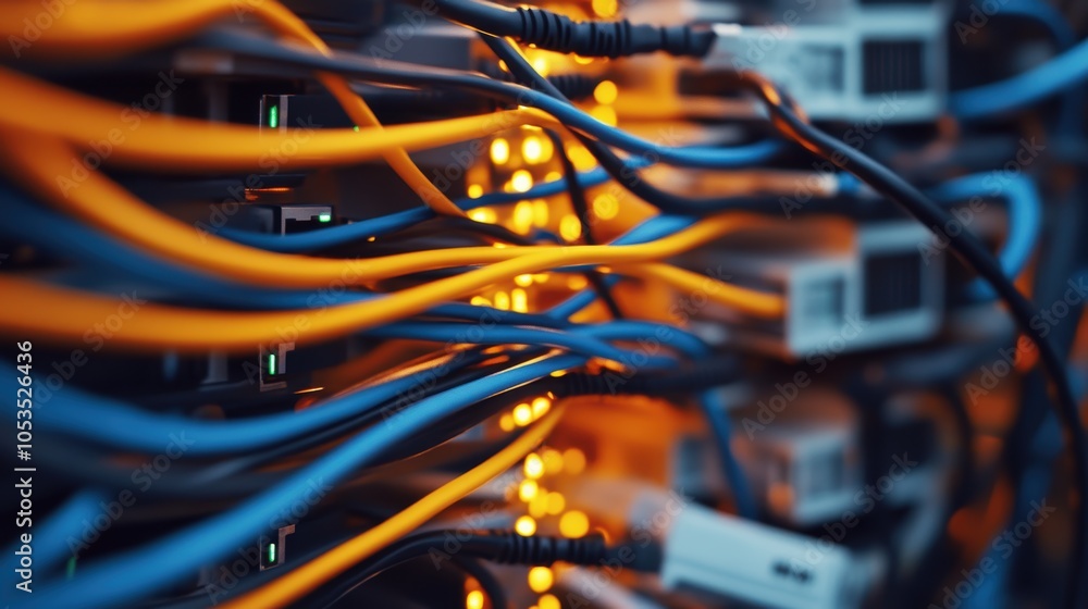 Aufkleber close-up of colorful network cables in a server rack, creating a vibrant tech atmosphere.
