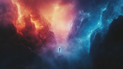 Fototapeta premium A lone figure stands between a fiery red and a cool blue cloud.