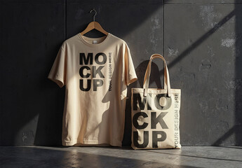 T-shirt and Tote Bag Mockups Contrasting on a Black Painted Grunge Wall with Generative AI