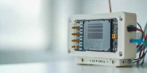 Advanced CO2 sensor development, cutting-edge sensor device monitoring carbon levels, displayed on a clean white backdrop