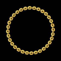 Vintage round or circle frame, gold chain, isolated. Empty copy space for paintings, mirrors or photo. Vintage simple frame. Golden style decorative border, jewel deco art object. Png