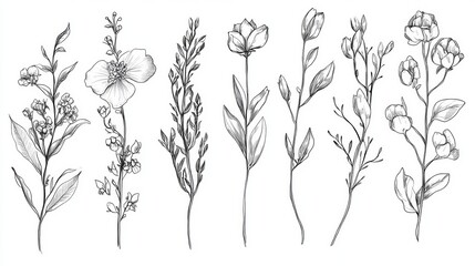 botanical illustration sketch Illustrations, delicate floral details with intricate linework, graceful curves, and organic forms
