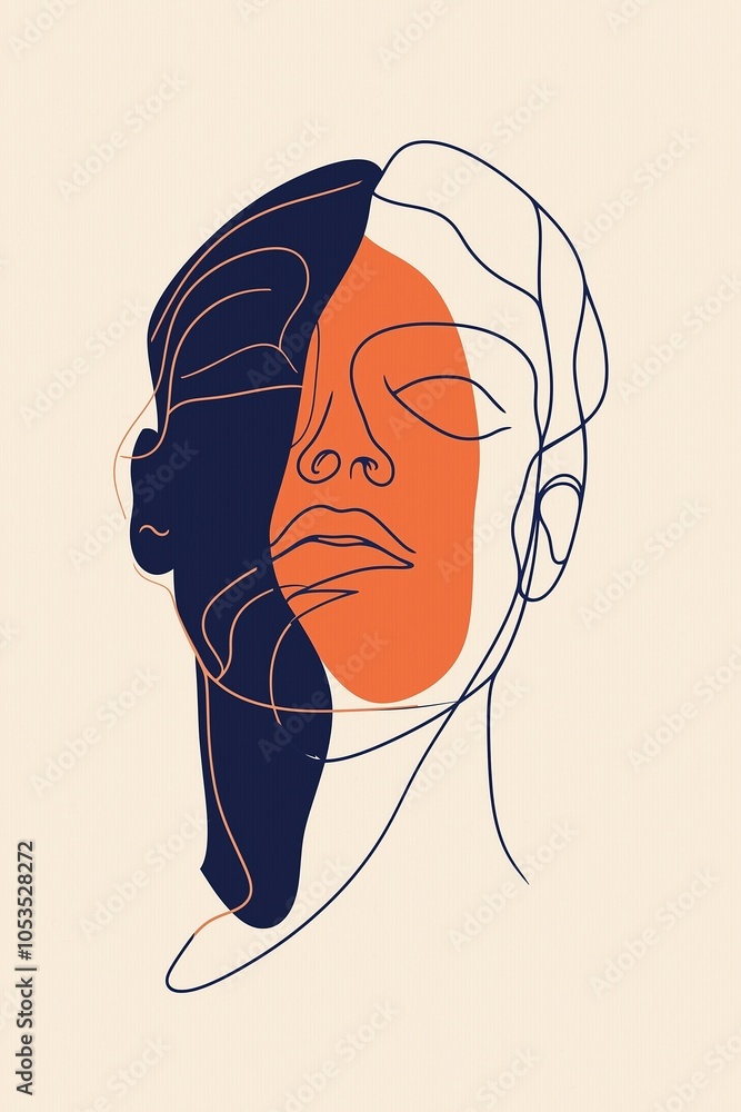 Poster Abstract line art portrait featuring contrasting colors and minimalistic design, showcasing emotions and expressions in a unique artistic style