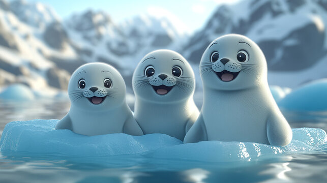 Cute cartoon seal family on an iceberg
