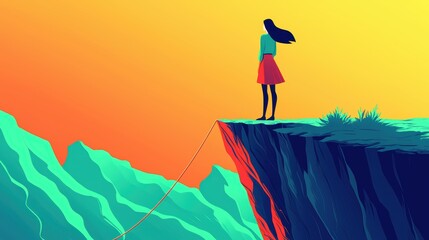 A silhouette of a woman stands on a cliff, gazing at a colorful sunset over mountains