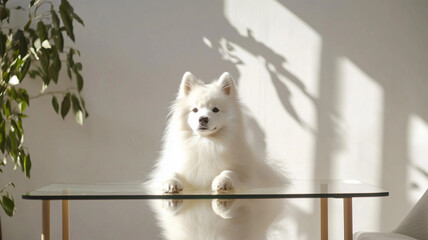 ガラステーブル上のサモエド