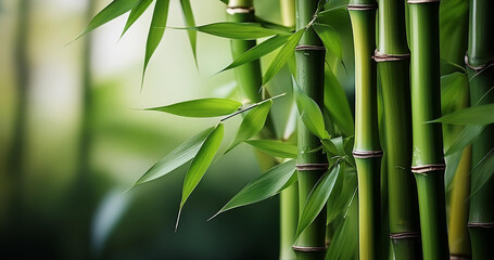 Bamboo stems with leaves, against the background of a bamboo forest.