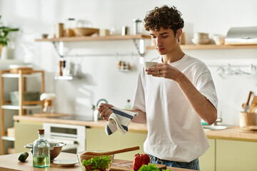 A young man with curly hair drinking coffee in a modern kitchen, promoting healthy living.