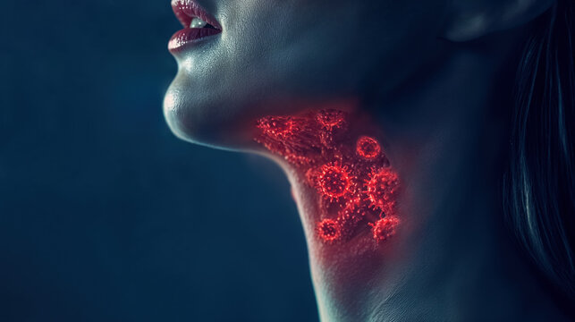 gros plan sur le cou d'une femme recouvert de virus rouge pour symboliser la grippe	
