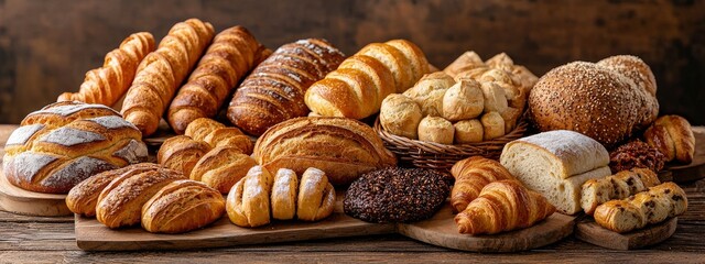 table with various types of breads, including baguettes and loaves of white and dark bread, whole grain rolls, sweet pastries. delicious assortment. banner 