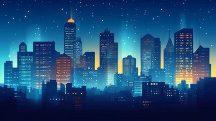 Naklejka premium isometric city at night, silhouette of city skyline, soft lighting from windows and streets, Illustrations, stock photos