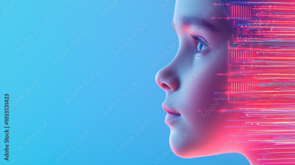 Poster a digital image of a child's profile blended with colorful data streams, fusion of human intellect a