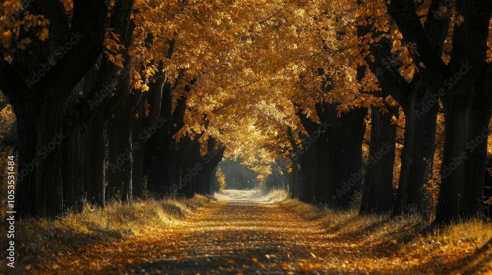 Poster tree-lined path with golden leaves