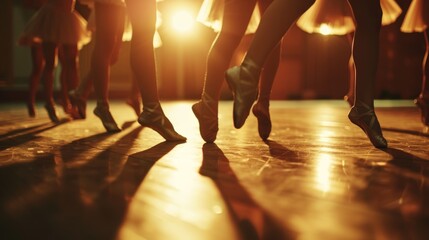 Group of ballet dancers are rehearsing on a stage illuminated by warm theatrical lighting. The...