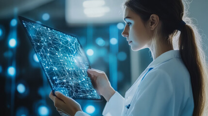 A scientist analyzes complex data on a tablet while immersed in research in a modern laboratory setting