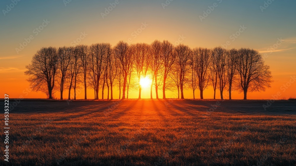 Poster sun setting behind a row of trees