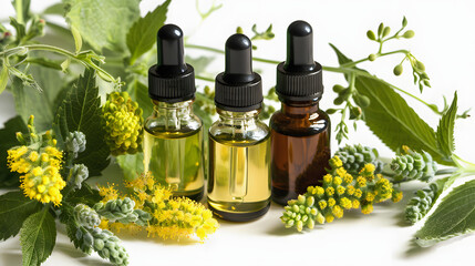 bottles of aromatherapy essential oil with fresh blooming agrimony plant with white shades, cinematic, png