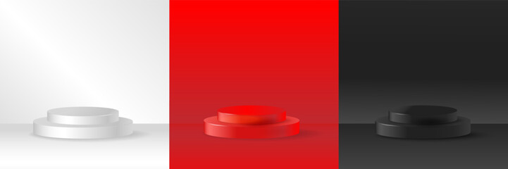 Realistic luxury 3d background with cylinder podium set White Red Black colors .Minimal scene for product display presentation.Stage for showcase. Abstract circles layers scene .Vector illustration