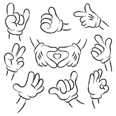 Obraz premium Cartoon hands in gloves set of gestures Charcoal or chalk drawing. Comic arms with in white gloves with various gestures heart shape,ok,two fingers up,thumbs up,rock,shaka, others.Vector illustration
